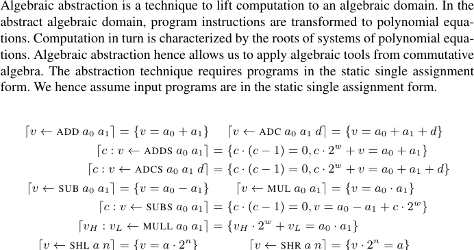 Algebraic abstraction from low-level instructions to polynomial equations